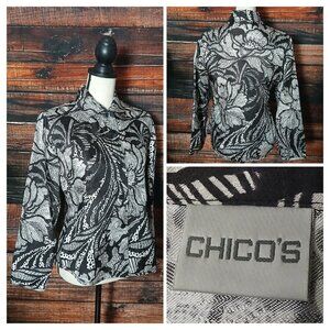 Chico's Blouse Size 0 US S Rayon Nylon Black White Floral Shimmer Button Front